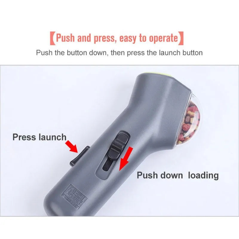 Grey pet snack catapult launcher measuring 18cm with spring trigger for dog and cat training