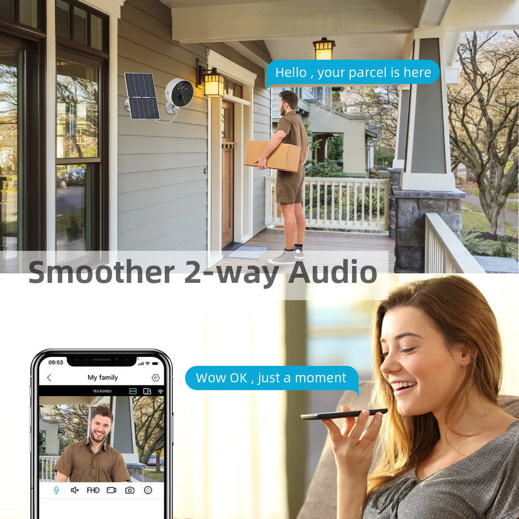 Solar powered outdoor security camera with 1080P resolution and included solar panel