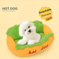 Brown hot dog bed with removable cushion for small medium large dogs