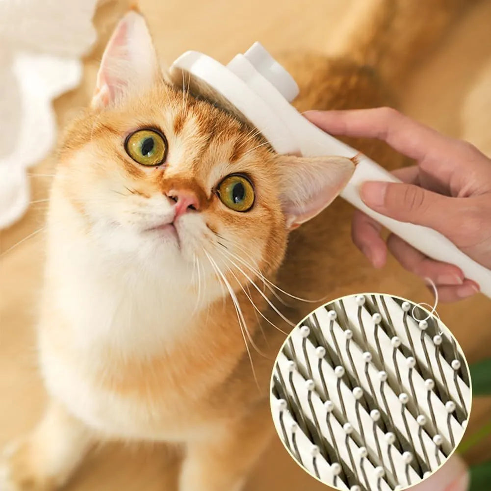 Self cleaning cat brush with blue rubber handle and metal pins with round tips