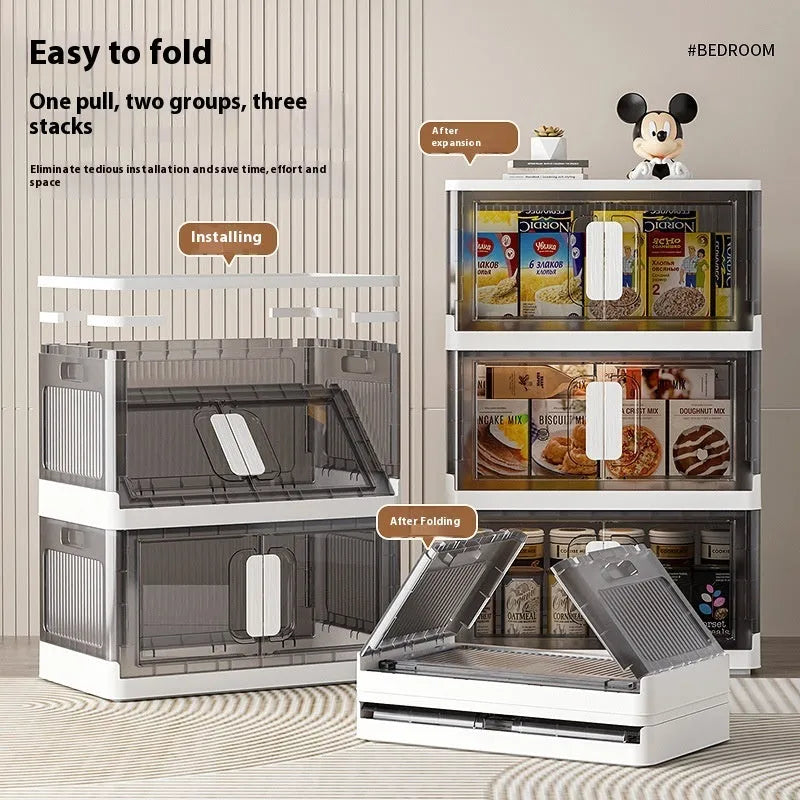 Foldable white household storage locker with wheels showing multiple layer configuration for clothes and shoe organisation