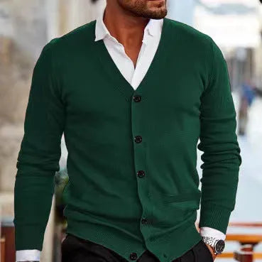 Men's slim-fit acrylic cardigan sweater coat in a choice of six colours.