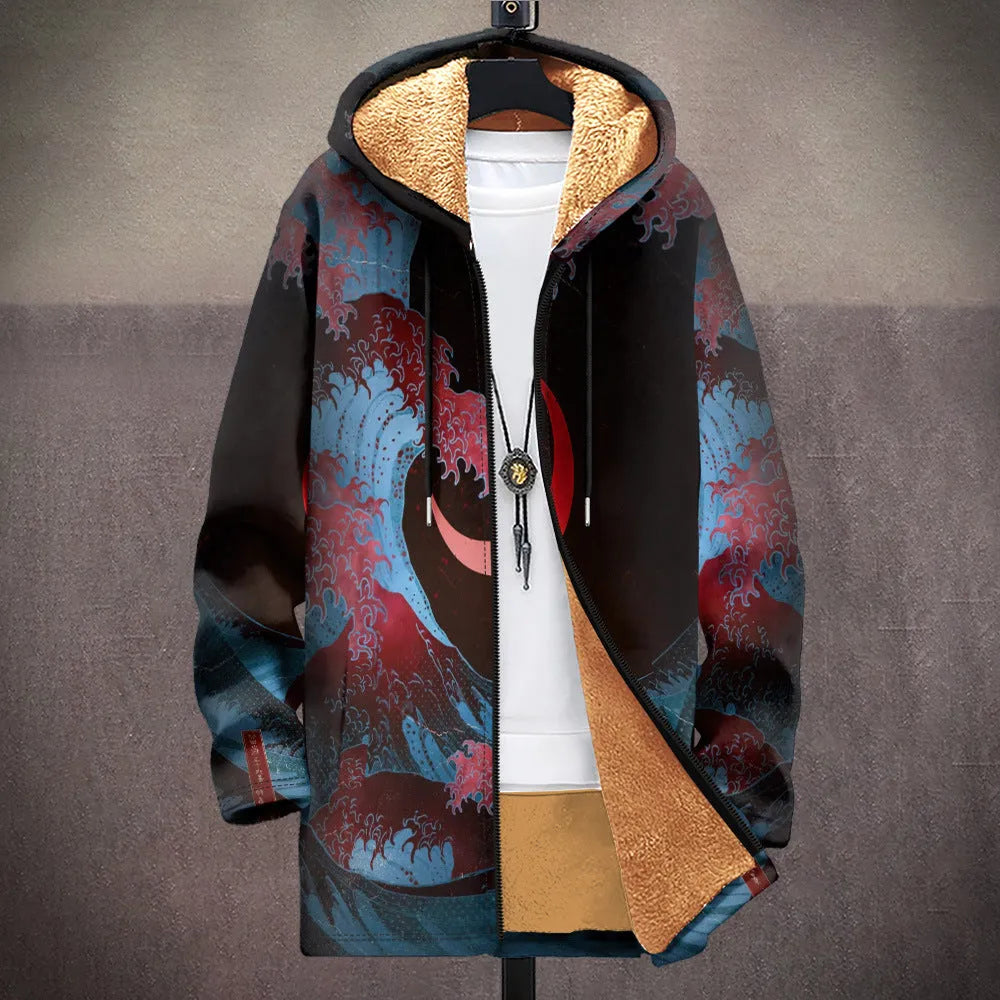 Men's loose fit hooded cardigan with zip front in multicolour printed pattern