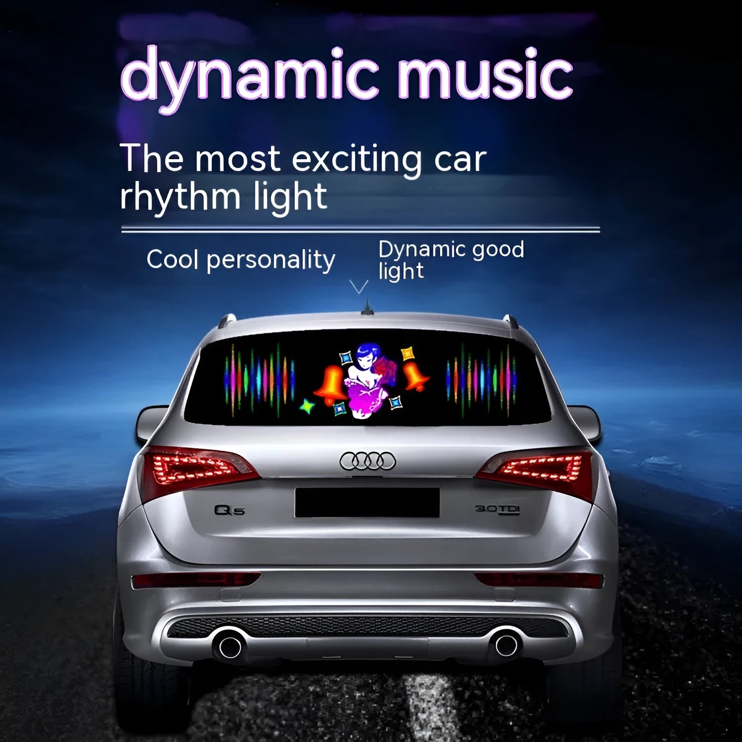 90x25cm car music voice control rhythm lamp with electroluminescent panel showing synchronised lighting patterns
