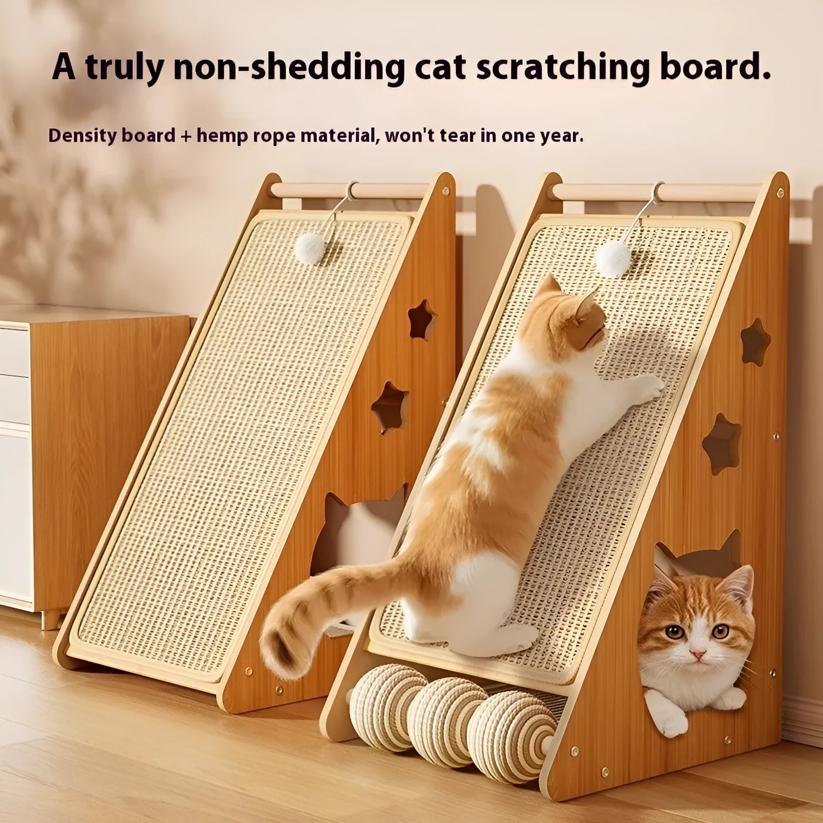 Vertical cat scratch board with funny ball style and hemp rope surface