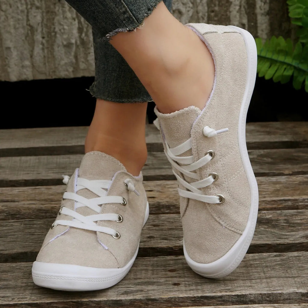 Women's beige fabric casual sneakers with low-top design and rubber sole