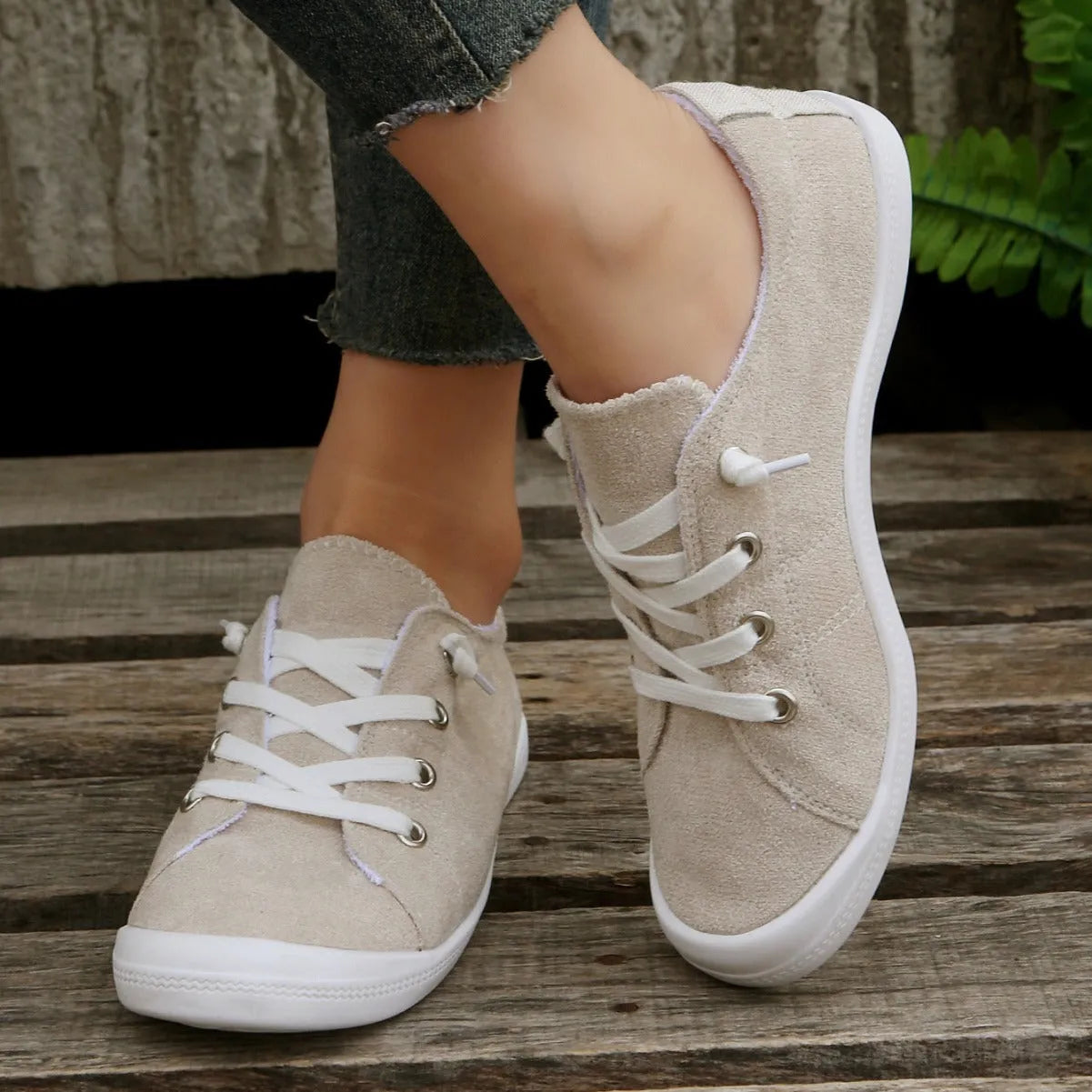 Women's beige fabric casual sneakers with low-top design and rubber sole