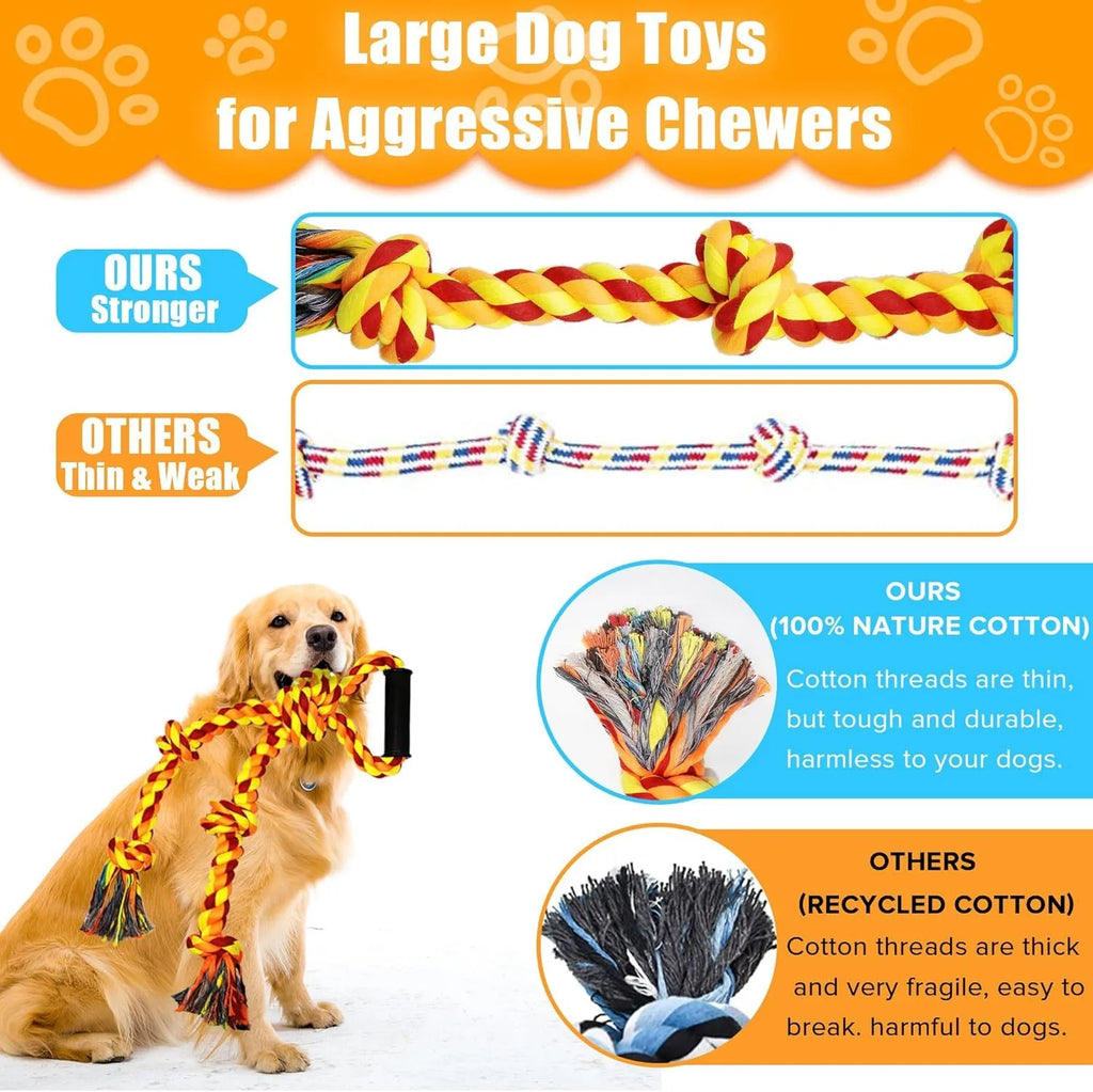 Blue and yellow braided cotton rope dog toy with ergonomic handles for large breeds