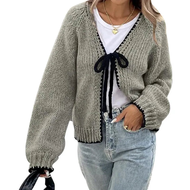 Gray lace-up cardigan sweater with crochet flower detail and loose long sleeves