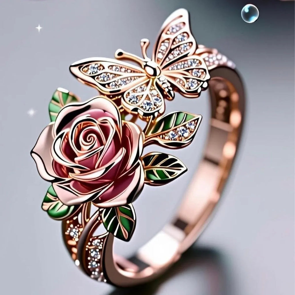 Colourful butterfly personality ring with oil drip finish and floral insect modelling on adjustable band