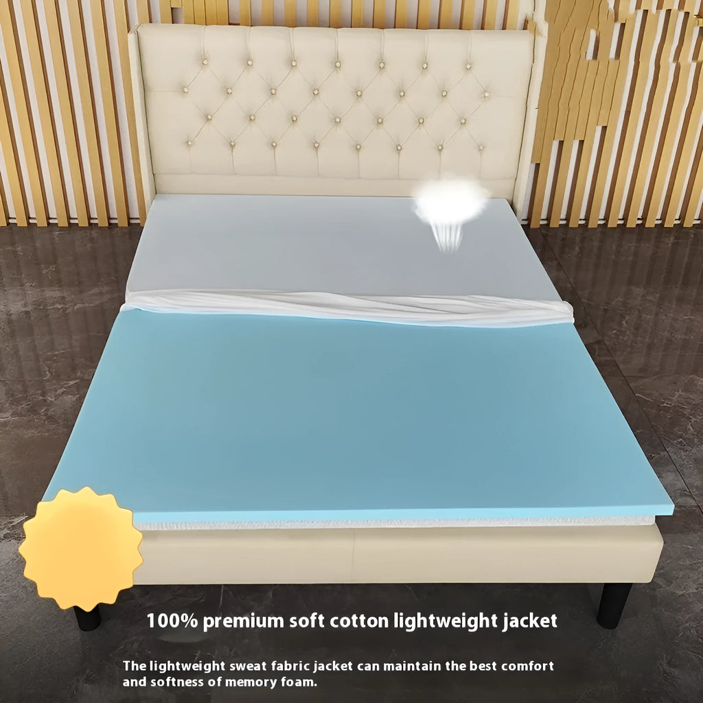 Thin gel memory cotton mattress on a tatami mat showing 2cm, 3cm, and 5cm thickness options.