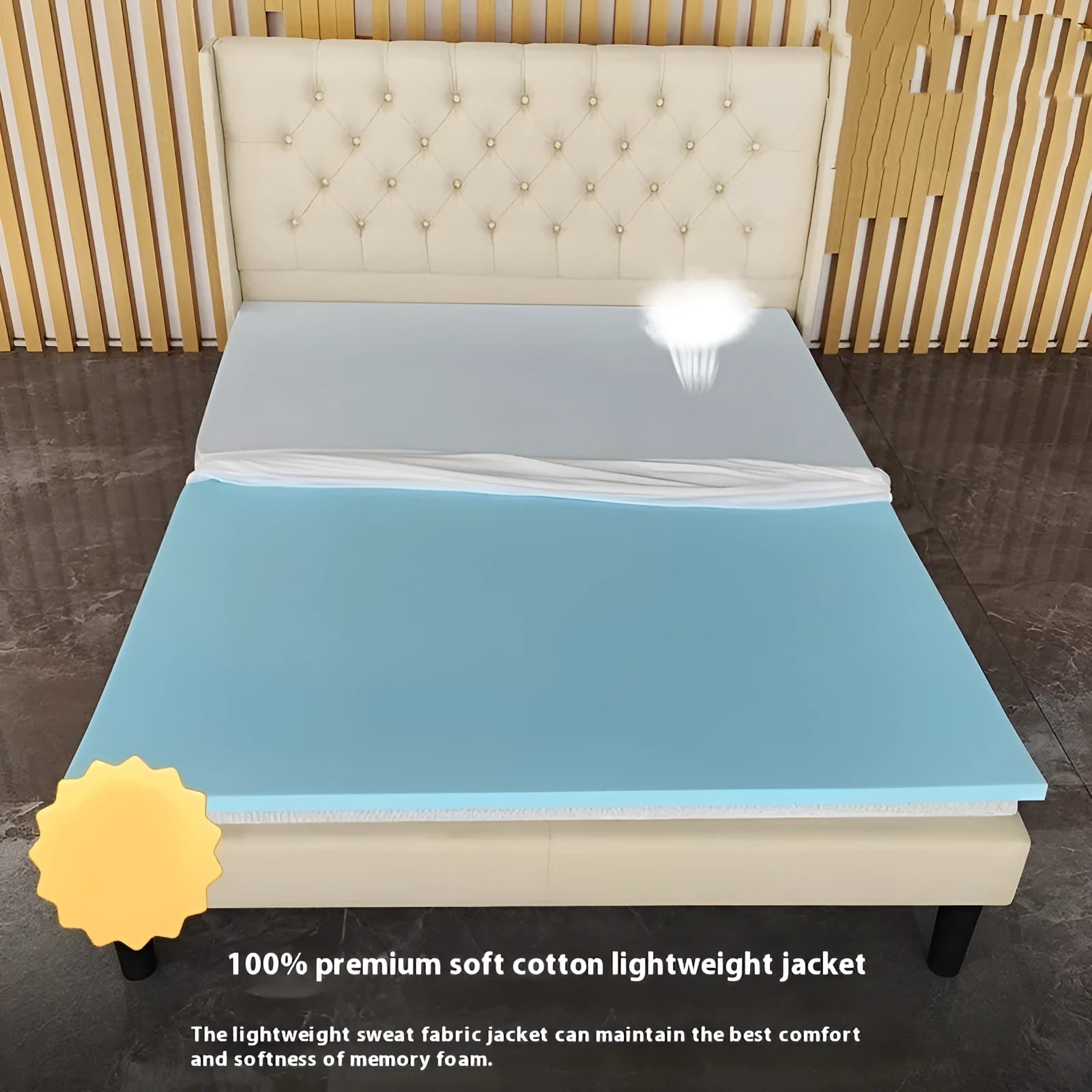 Thin gel memory cotton mattress on a tatami mat showing 2cm, 3cm, and 5cm thickness options.