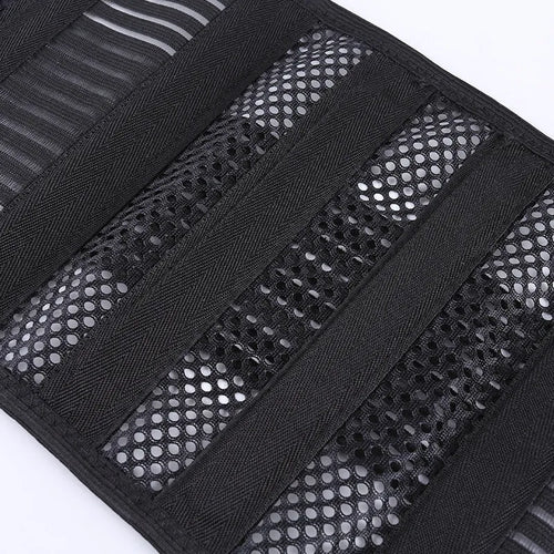 Black breathable sports waist support belt with internal steel plate for lumbar protection, shown on a white background.