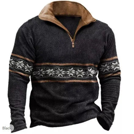 Men's loose fit long sleeve T-shirt with retro colour printing and zip details on striped fabric