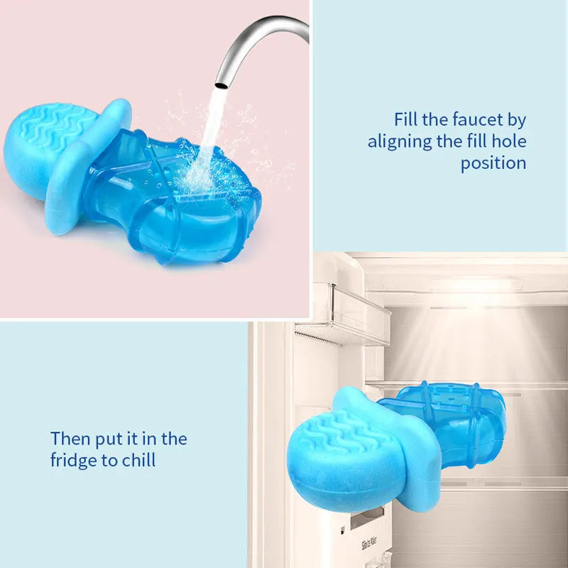 Three water-filled dog toys: a blue pacifier, a multicoloured popsicle, and an orange ring for freezing and chewing.