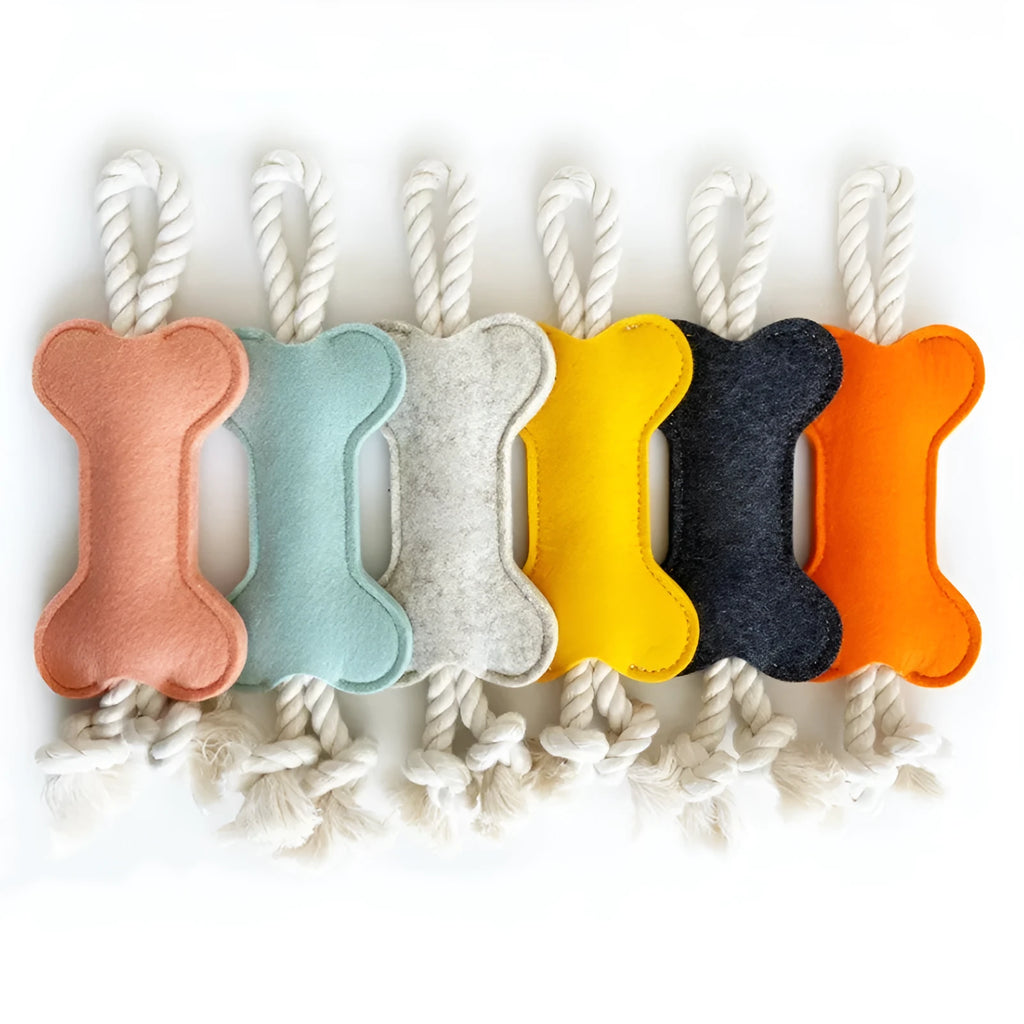 Bone-shaped dog toy with rope knots in four colour options showing dimensions of 16cm length