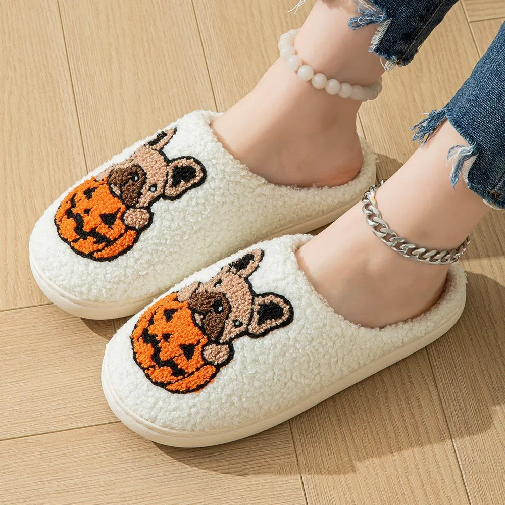 Halloween pumpkin pattern plush slippers with TPR rubber soles in black and white colour options