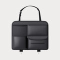 Black leather car seat back storage hanging bag with handle in large and small sizes
