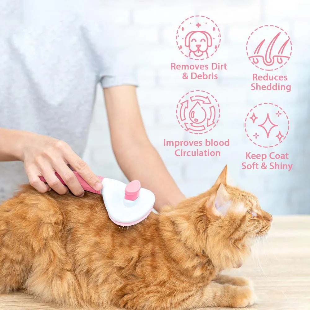 Cat grooming brush with release button in blue, grey, or pink colours with fine wire bristles