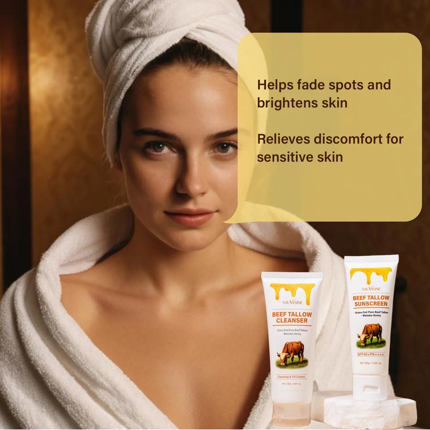 Seven-piece butter honey skincare set with face cream, cleanser, protective cream, lipstick, body lotion, facial scrub, and beef fat products