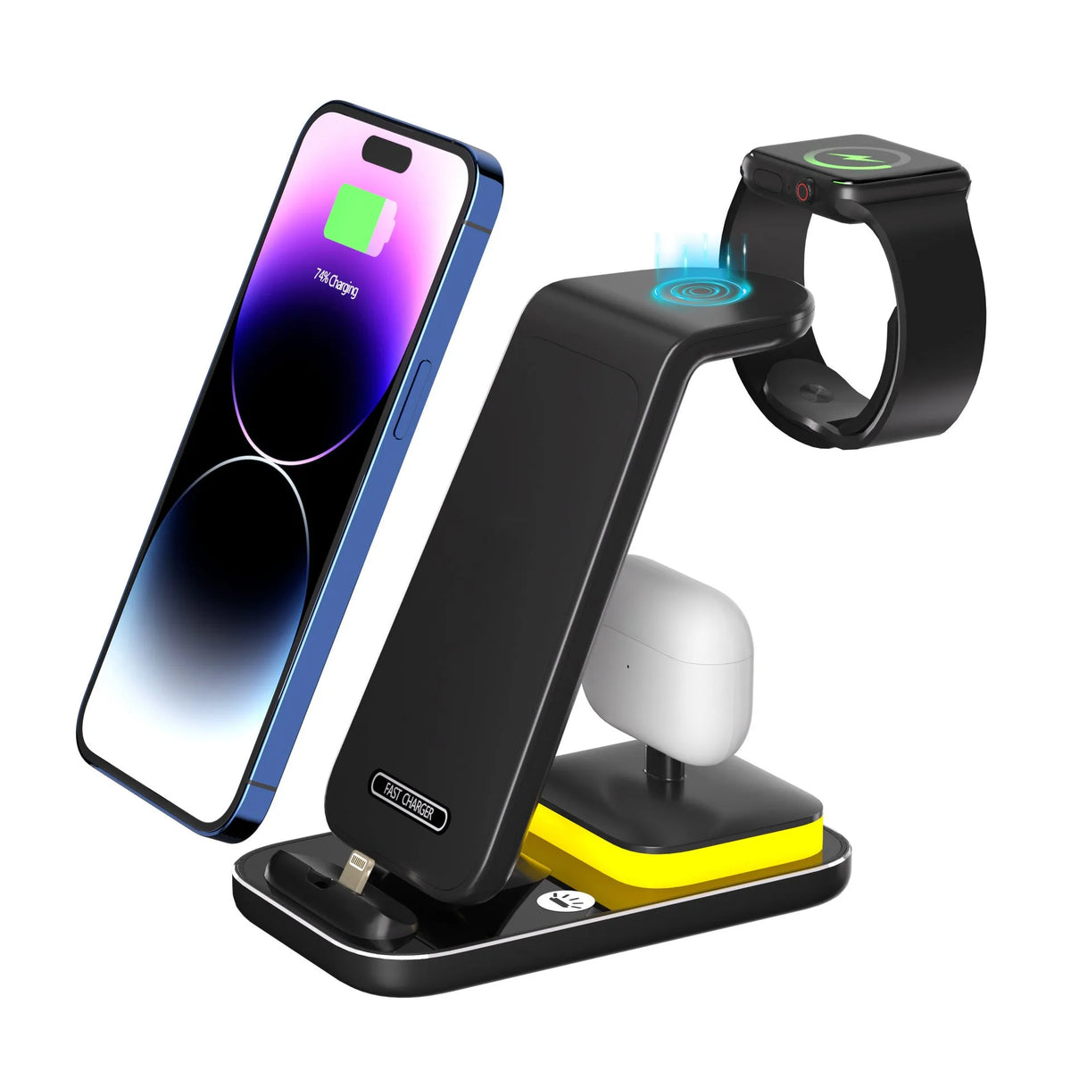 Black vertical wireless charger with phone standing upright on charging surface