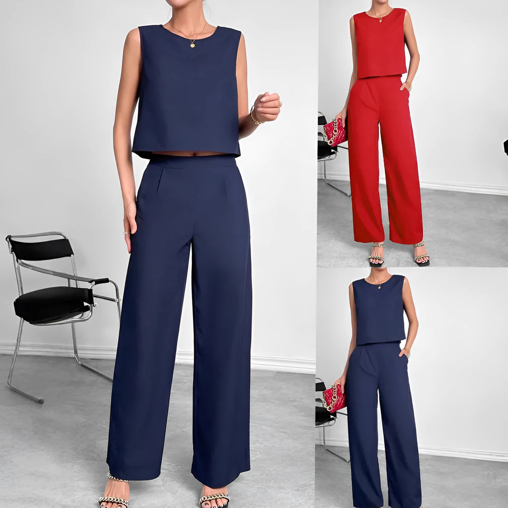 Red polyester two-piece set with sleeveless top and wide leg trousers