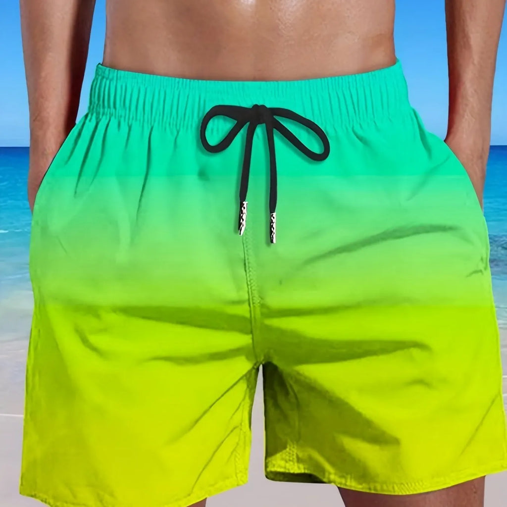 Men's gradient colour 3D digital print sports shorts made from mesh cloth.