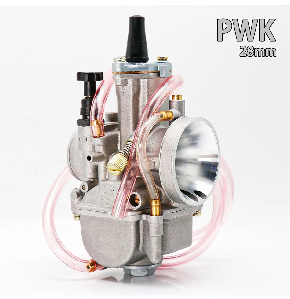 Seven PWK sandblasted motorcycle carburetors ranging from 21mm to 34mm sizes in colour box packaging