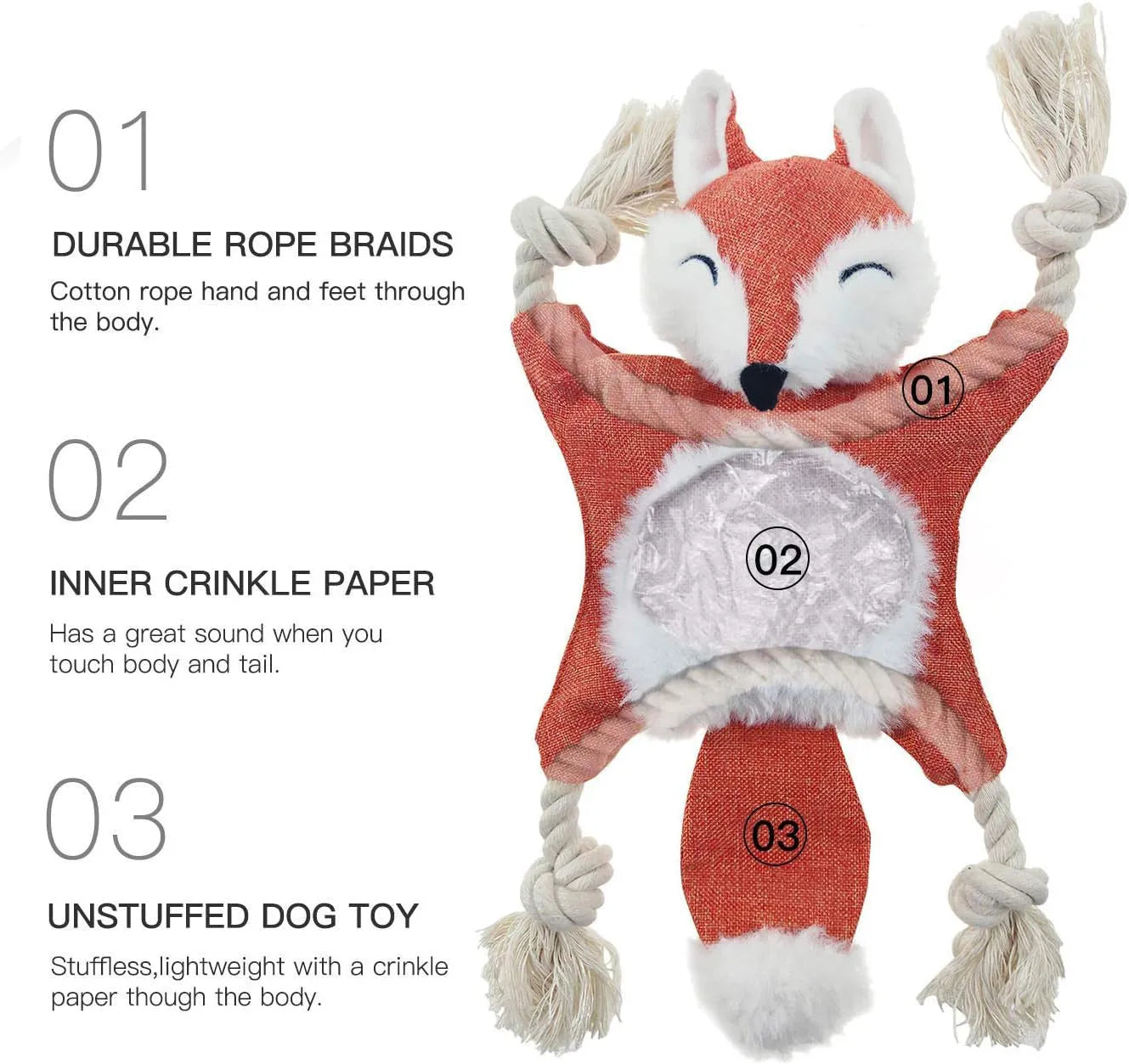 Brown fox plush dog toy with squeaker in head, crinkle paper body, and rope limbs for chewing