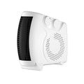 Compact white electric heater with control dial, suitable for desktop placement in rooms under 10 square metres