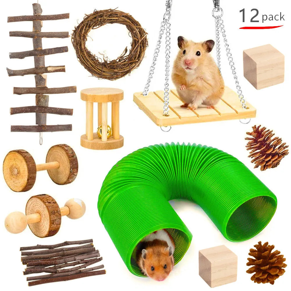 Assortment of wooden chew blocks and natural fibre toys for rabbits, guinea pigs, and parrots