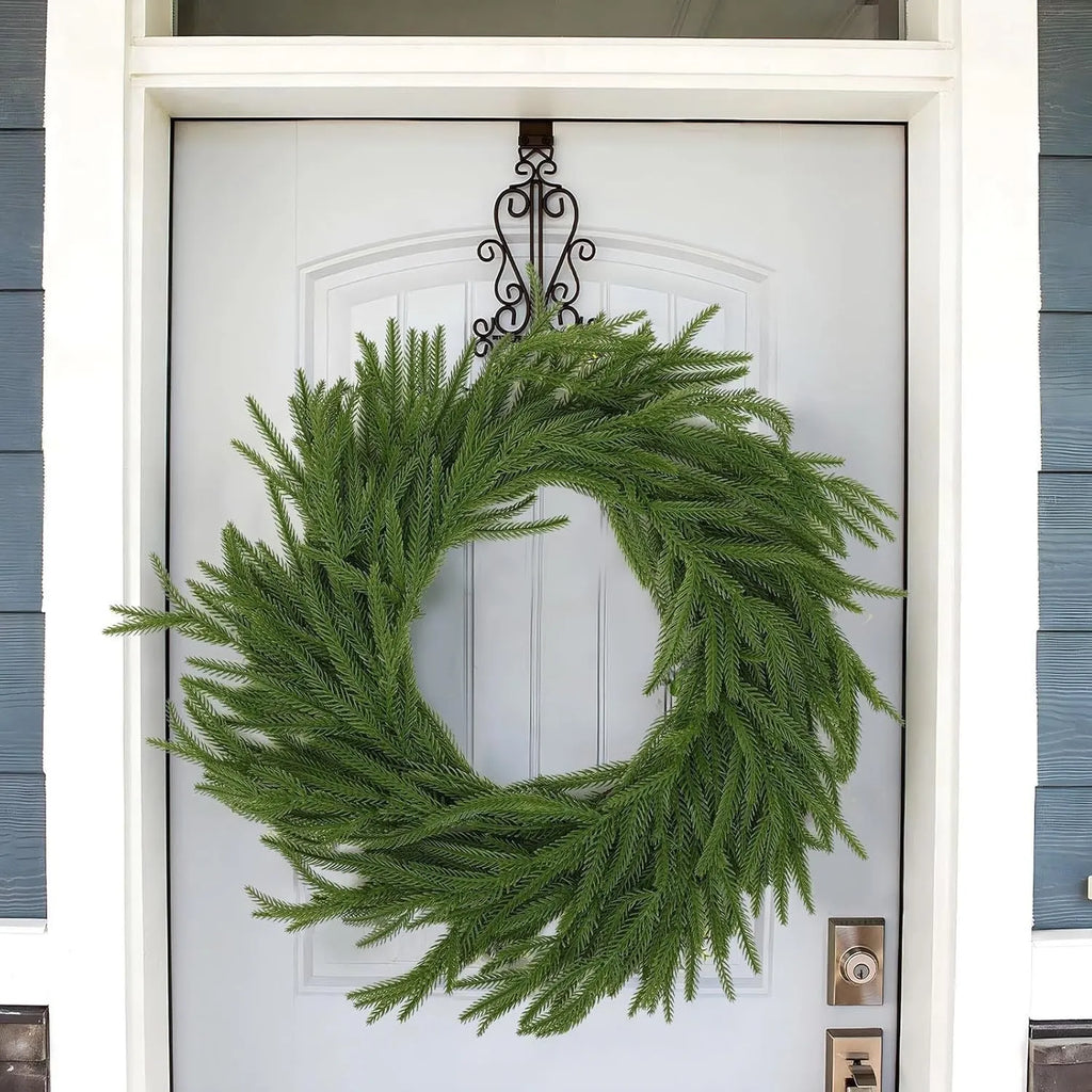 PE plastic artificial garland wreath with green leaves in a country style, 60cm wide.