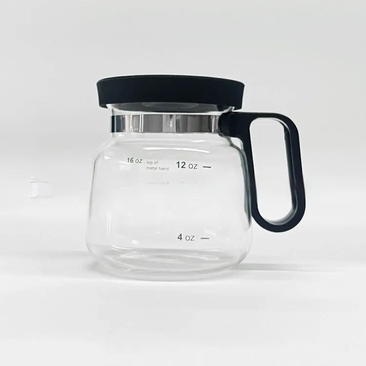 Transparent borosilicate glass coffee maker with silicone lid showing 355ml-473ml capacity markings