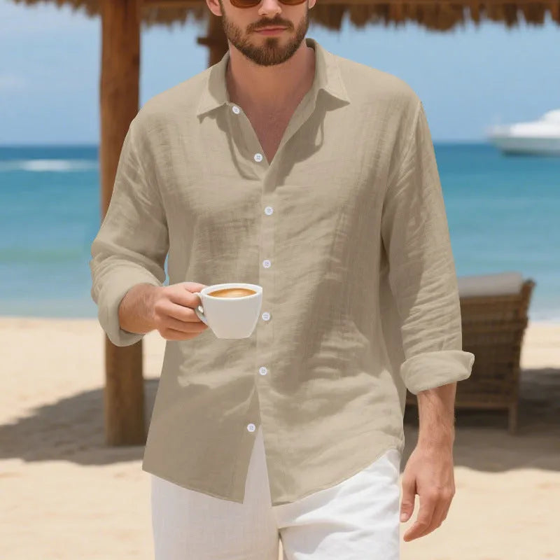 Men's loose-fit linen casual shirt in Army Green colour with non-ironing construction