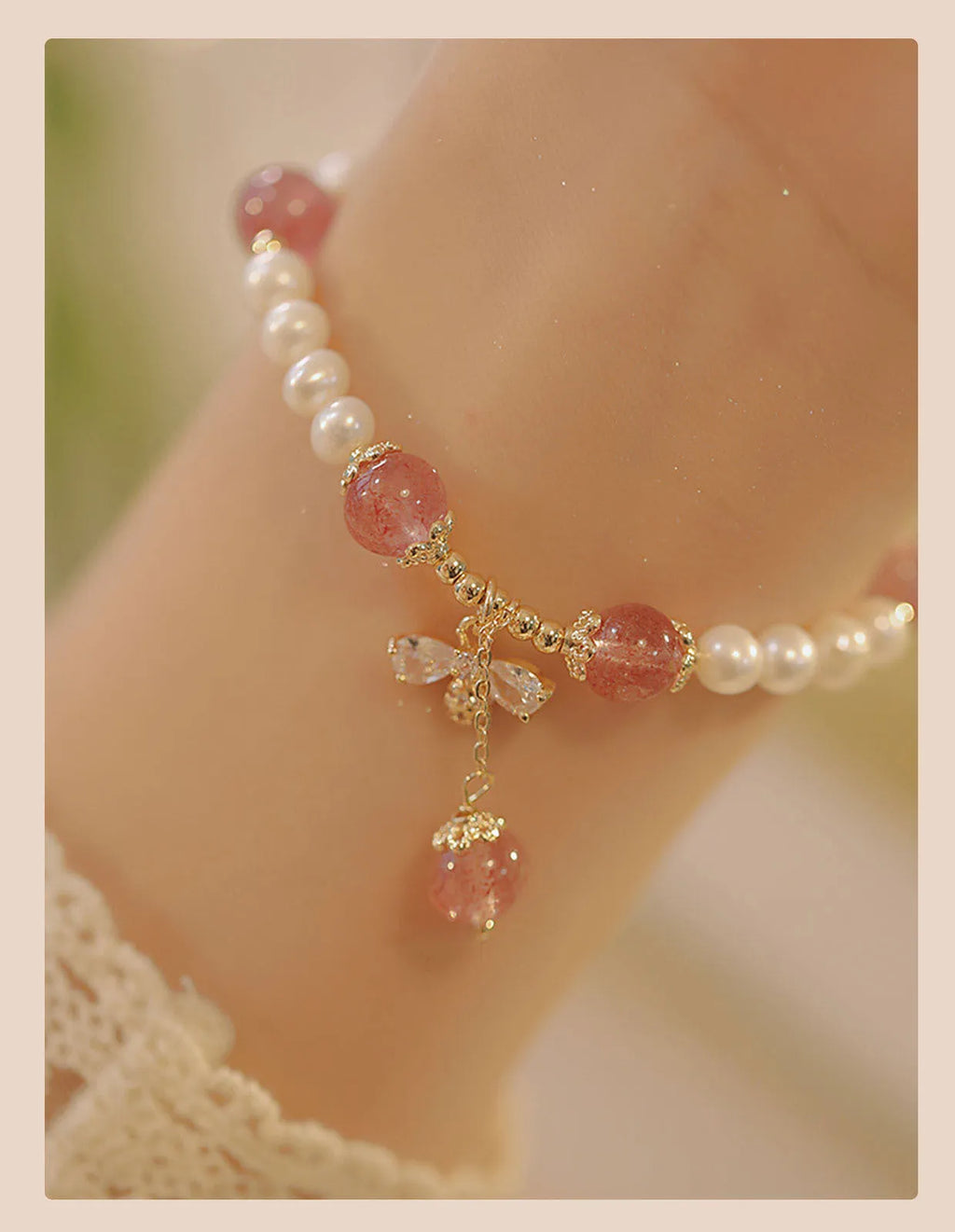Women's strawberry quartz crystal bracelet with bow accents hand-strung in INS summer style