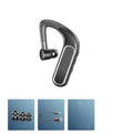 Black Bluetooth hanging ear earphones with silicone ear caps on a white background
