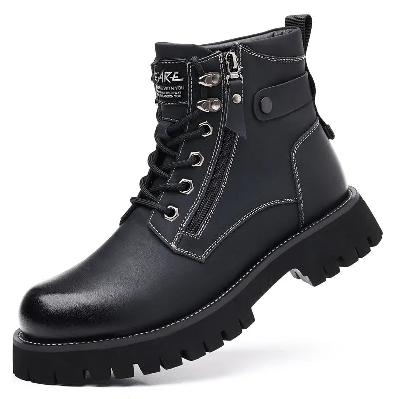 Men's brown leather high-top Martin boots with side zipper and round toe.