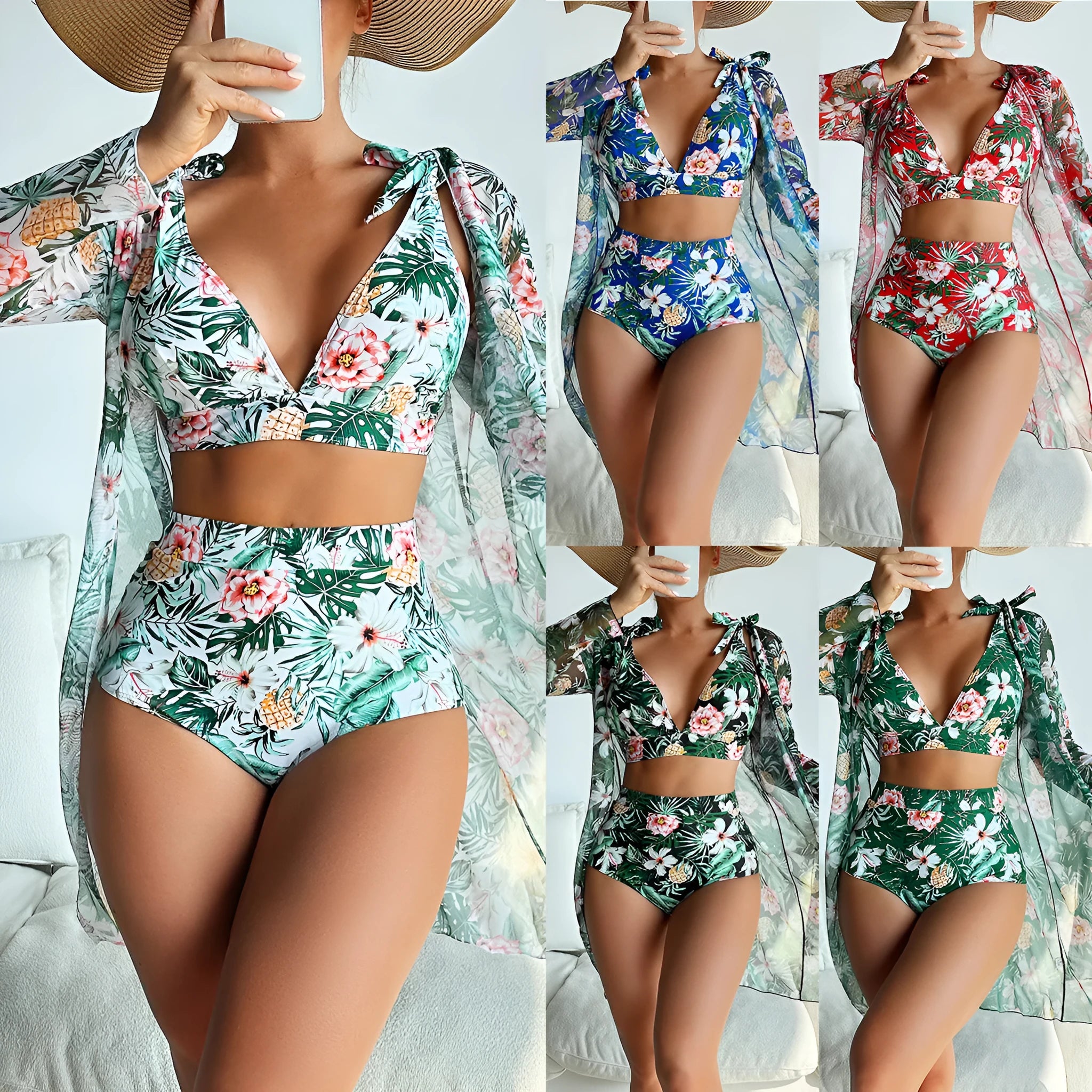 Women's multicolour printed three-piece bikini set with shirt, bra, and shorts.