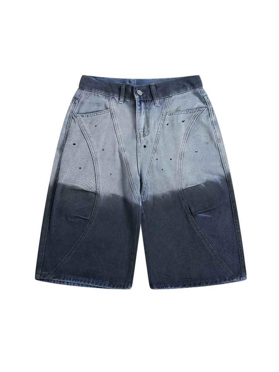 Blue tie-dye gradient cropped jeans with loose fit and mid waist design