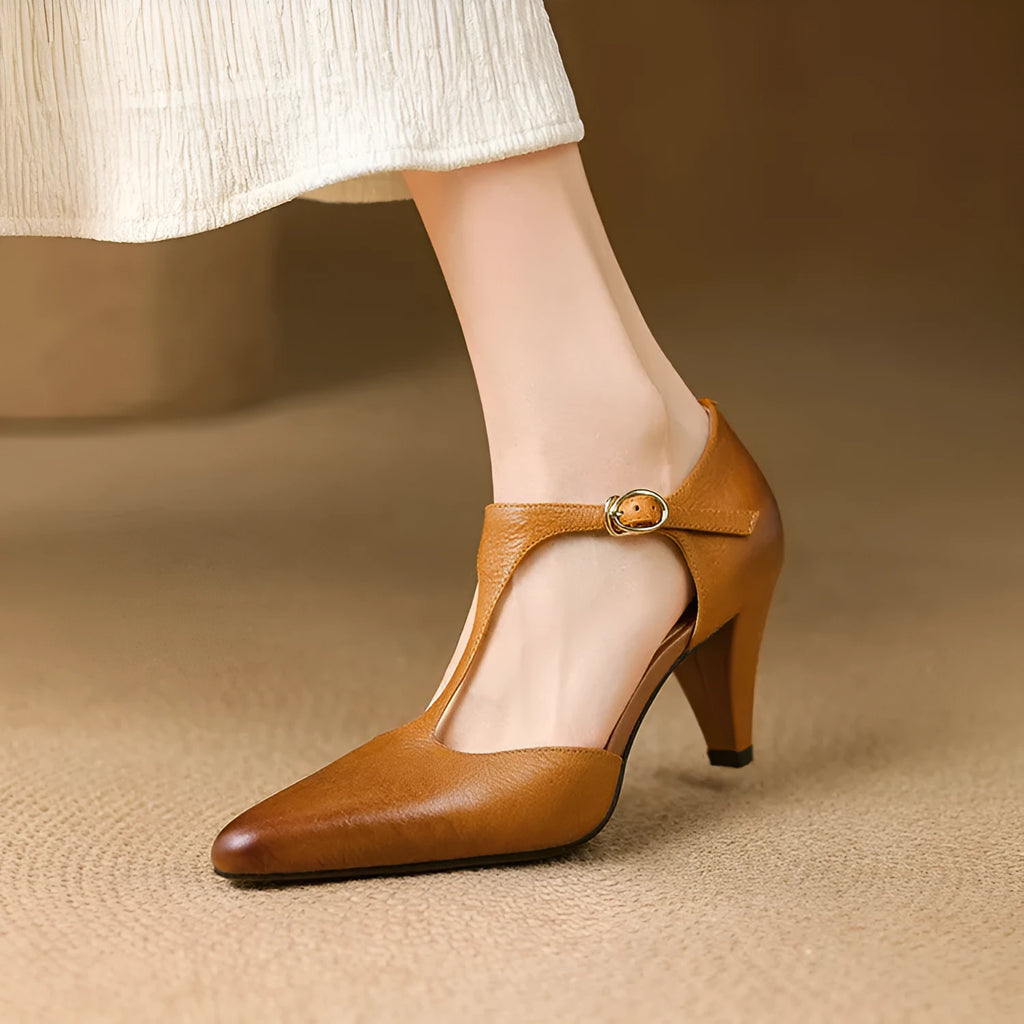 Brown women's retro T-strap ankle sandals with a short stout heel and buckle fastening.