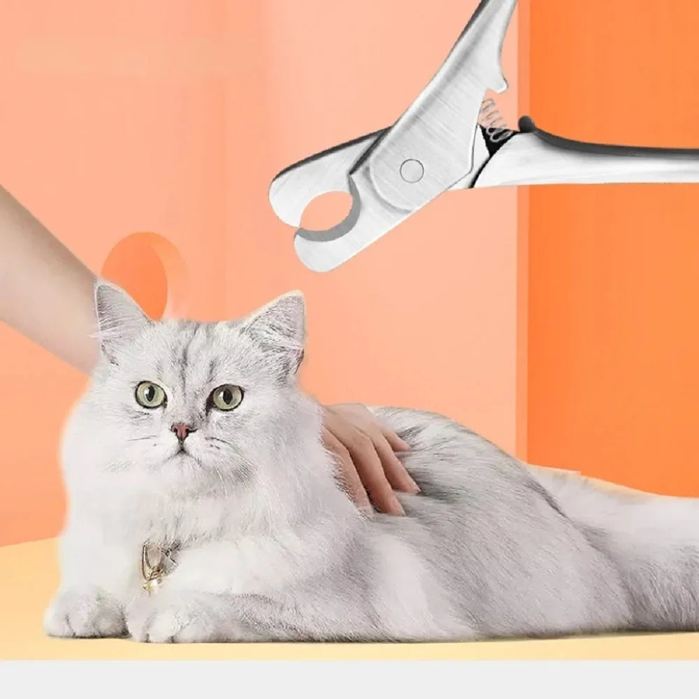 Silver professional pet nail clipper with curved stainless steel blade and finger guard for dog and cat grooming.