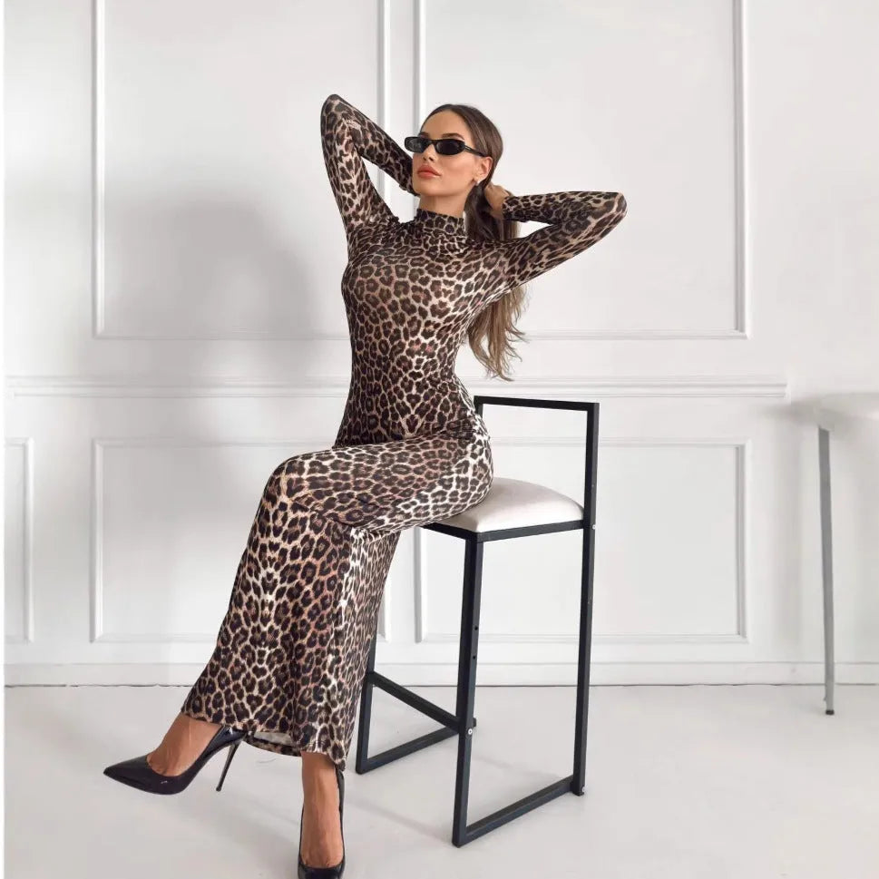 Women's leopard print long dress with stand collar and long sleeves showing high waist hip skirt silhouette