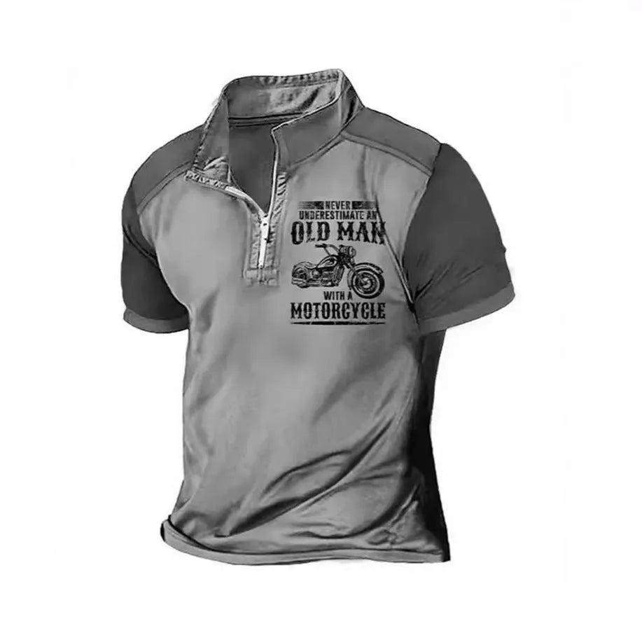 Men's lapel collar polo shirt with digital letter pattern print and zip decorations