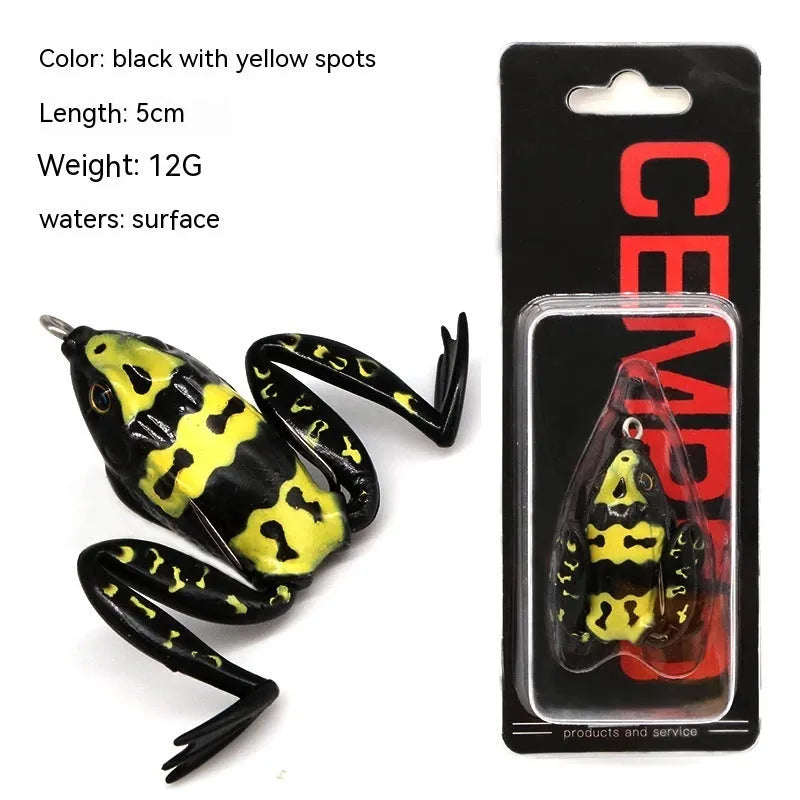 Bionic thunder frog snake head fishing lure with double hooks in grass green and black yellow dots colours