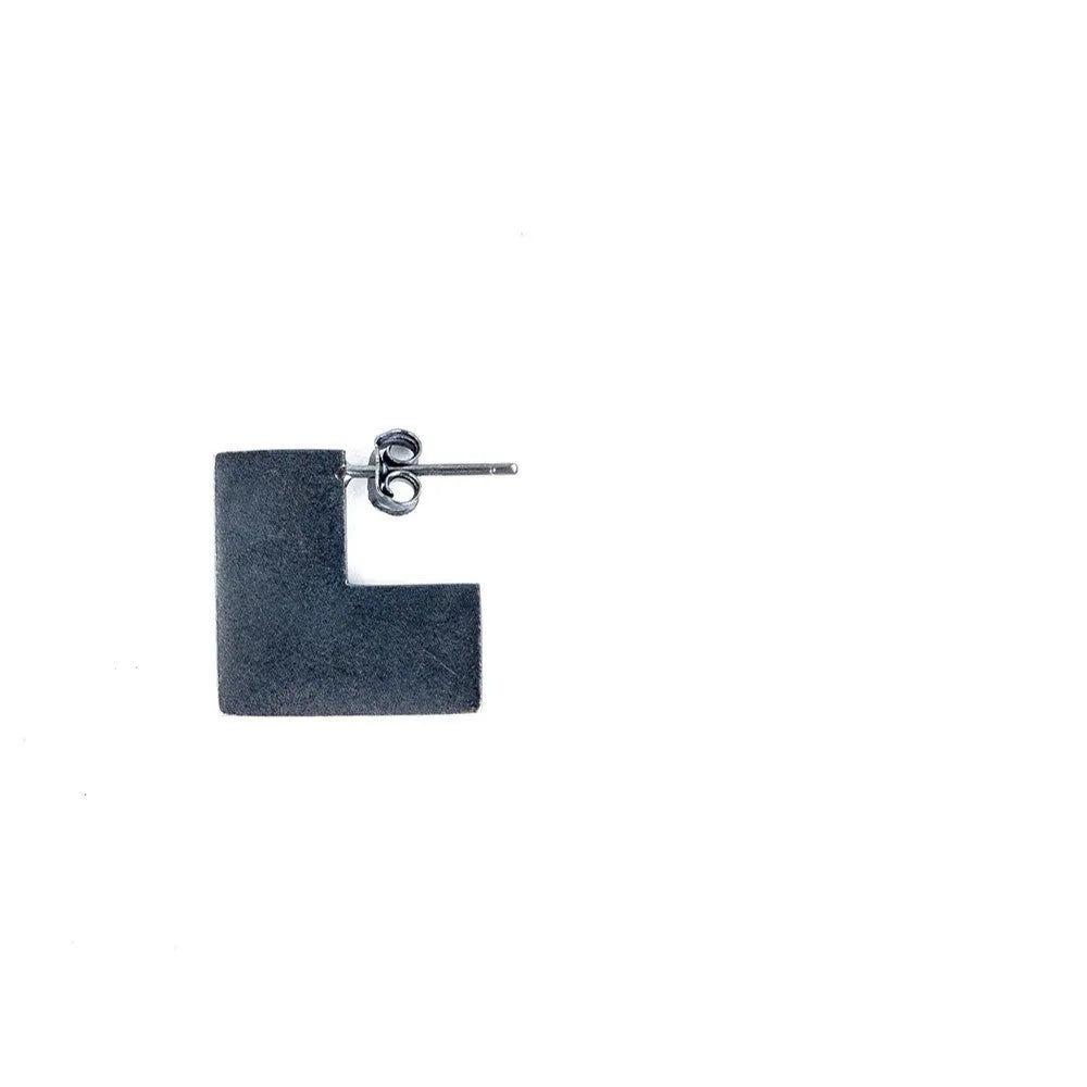 Sterling silver geometric square earrings with oxidation black finish, 16mm minimalist ring design.