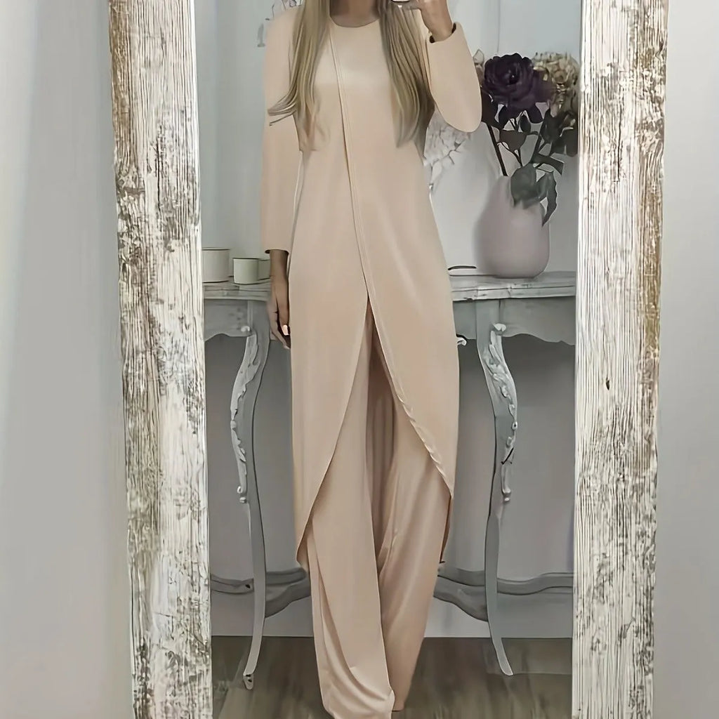Women's long sleeve round neck shirt and trousers two-piece casual set in black.