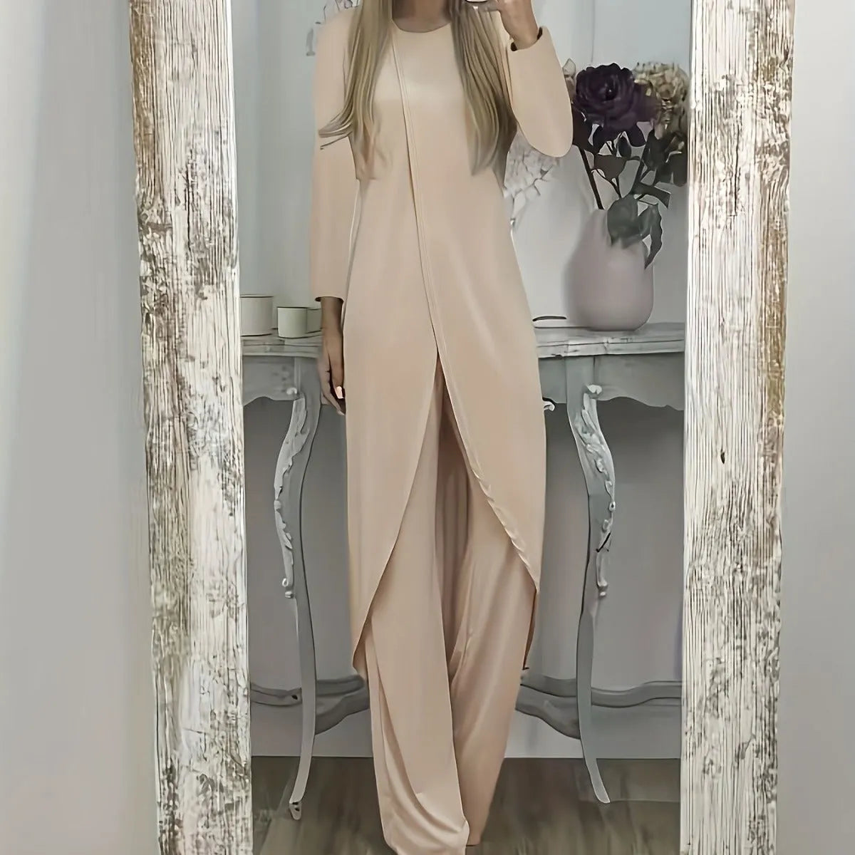 Women's long sleeve round neck shirt and trousers two-piece casual set in black.
