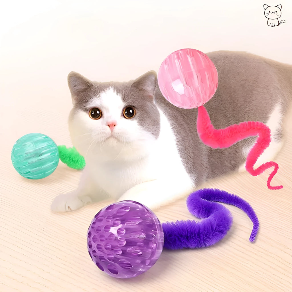 Interactive bouncy ball cat toy with soft plush worm tail in green, pink, or purple colours