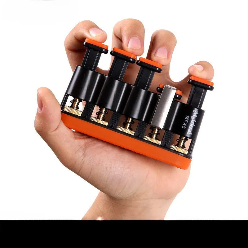 Grey and orange non-slip silicone finger trainer for hand muscle development.