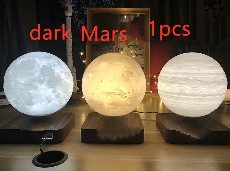 Magnetic levitation 3D moon night light, 14cm diameter, floating above a wooden base with touch switch.